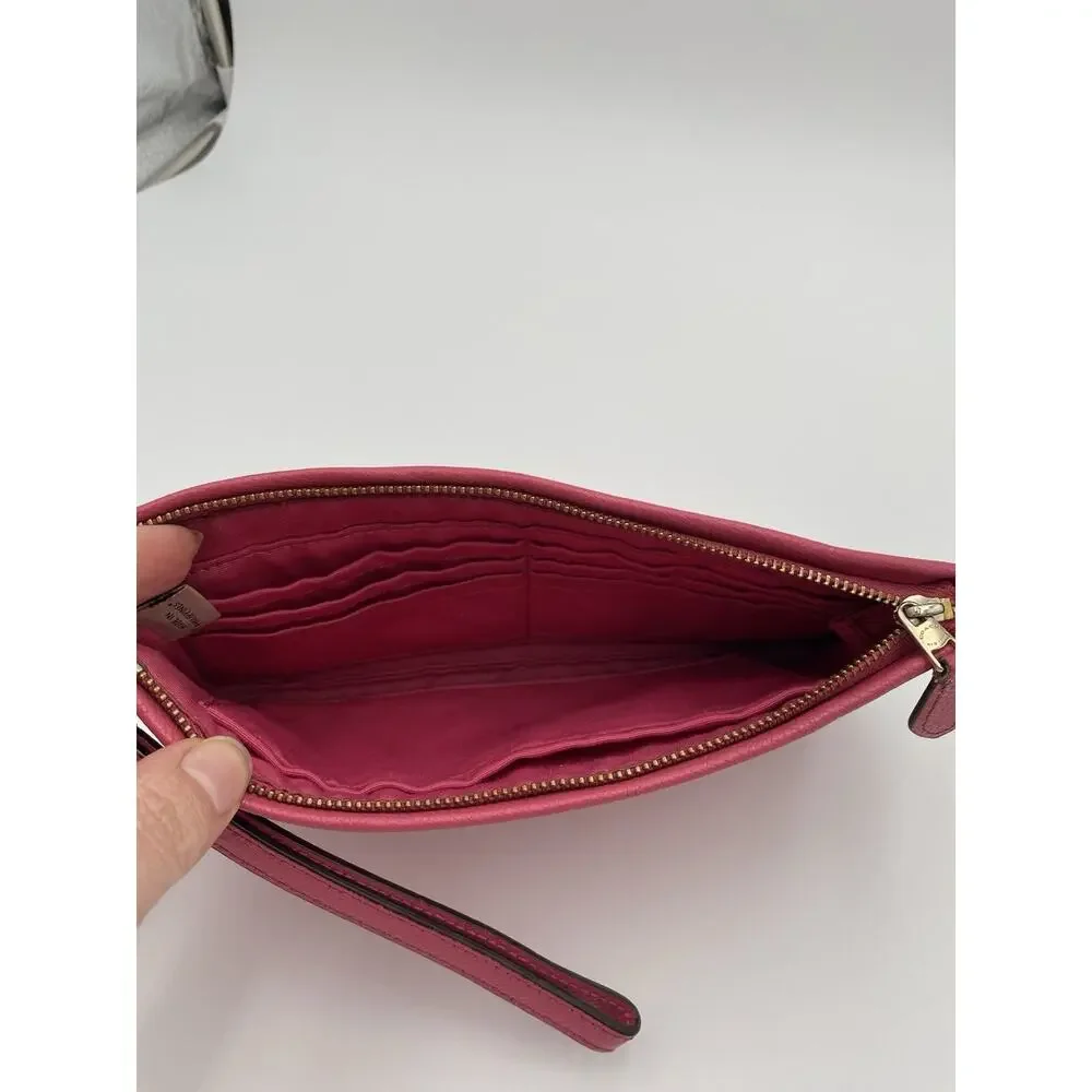 COACH Wristlet Pink Crossgrain Leather Large 9” X 5” Clutch Zip Card Slots NY